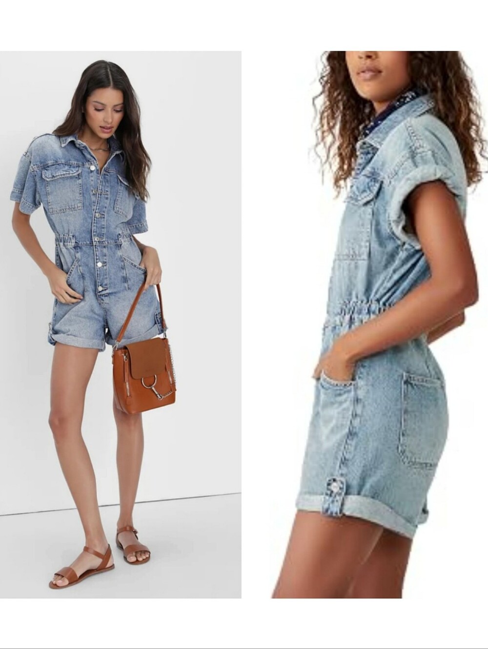 🆕️ We the Free by Free People Marci Denim Cuffed Romper Grunge Medium Indie